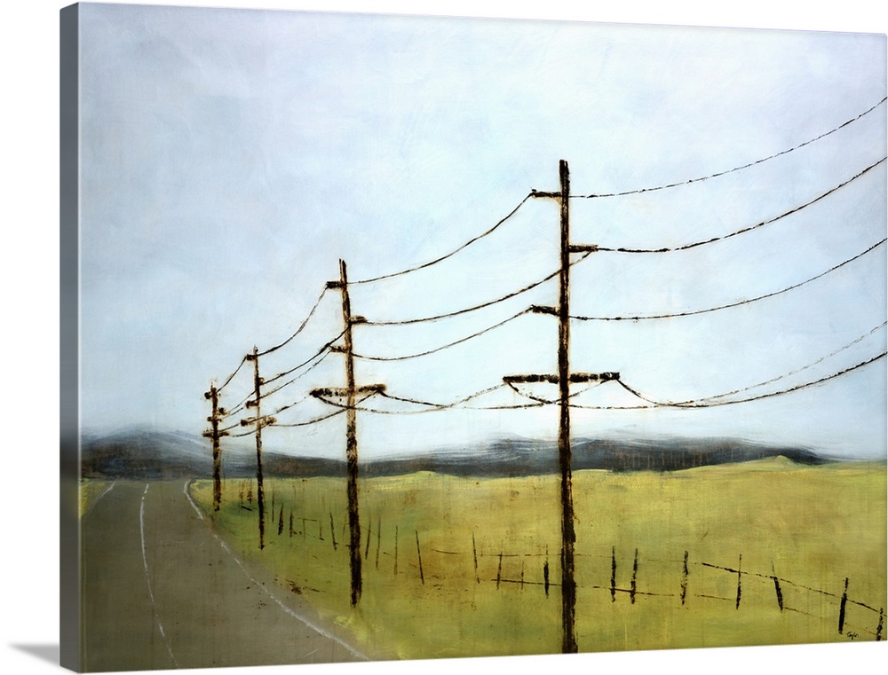 Landscape painting of electrical poles and lines in an empty field, alongside a paved road that leads to a dark mountain r...