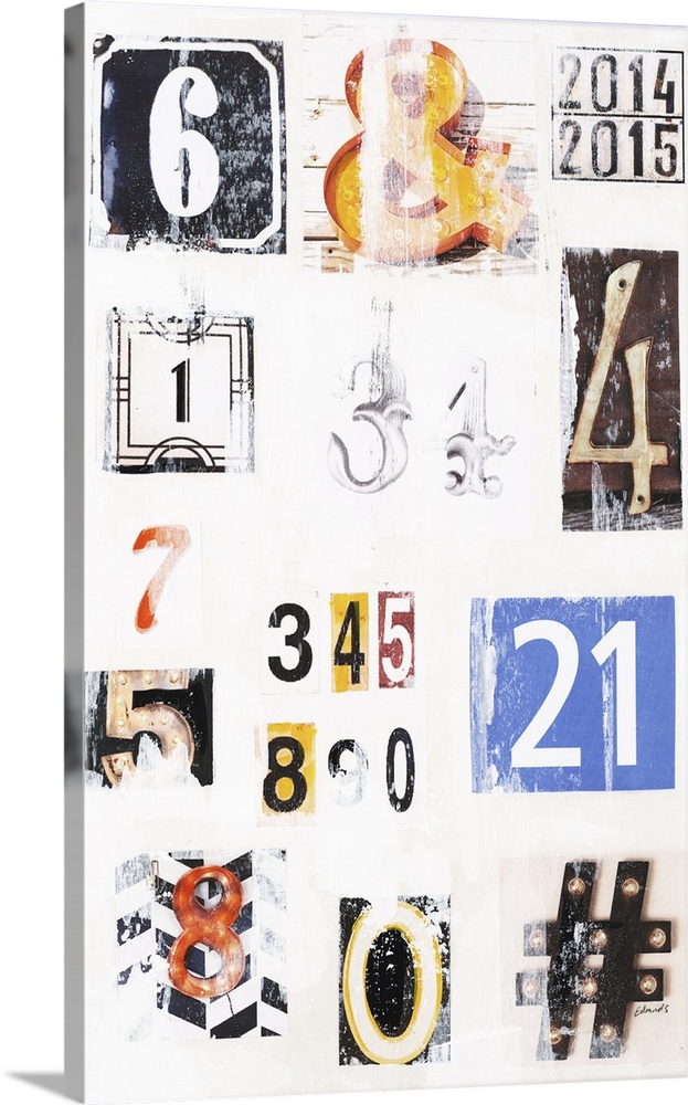 Contemporary art with uniquely designed numbers and signs with a vintage feel on a white background.