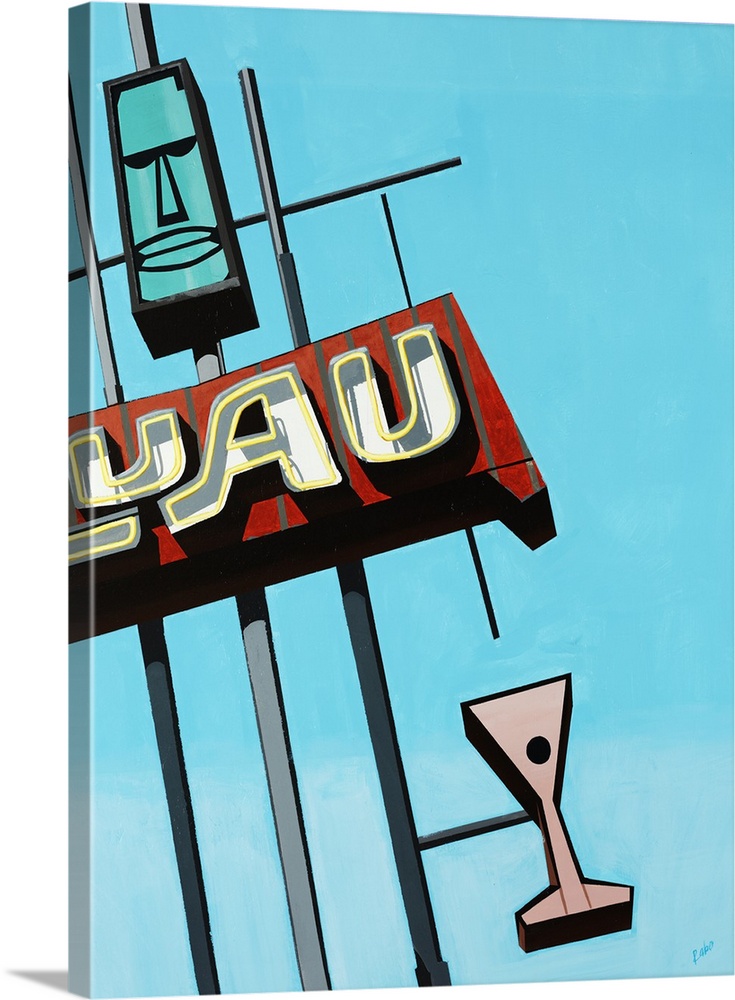 Painting of a vintage luau sign that includes a tiki head and a martini glass, in front a bright blue cloudless sky.