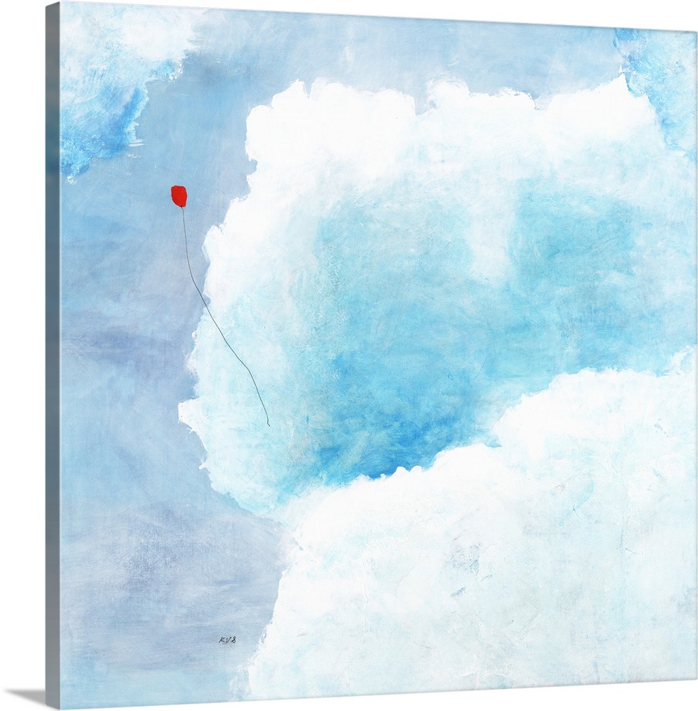 Contemporary painting a red balloon soaring through puffy blue clouds.