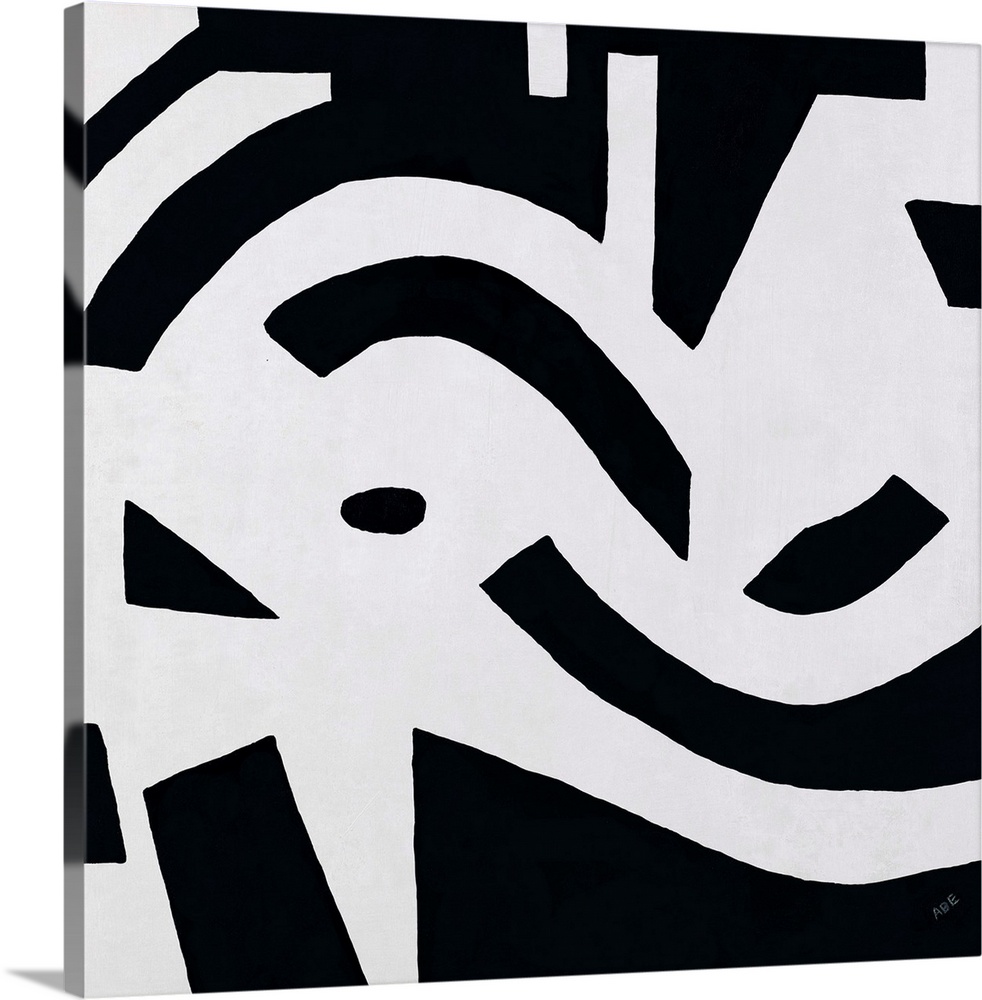 Black and white abstract painting with flowing movement all over the square canvas.