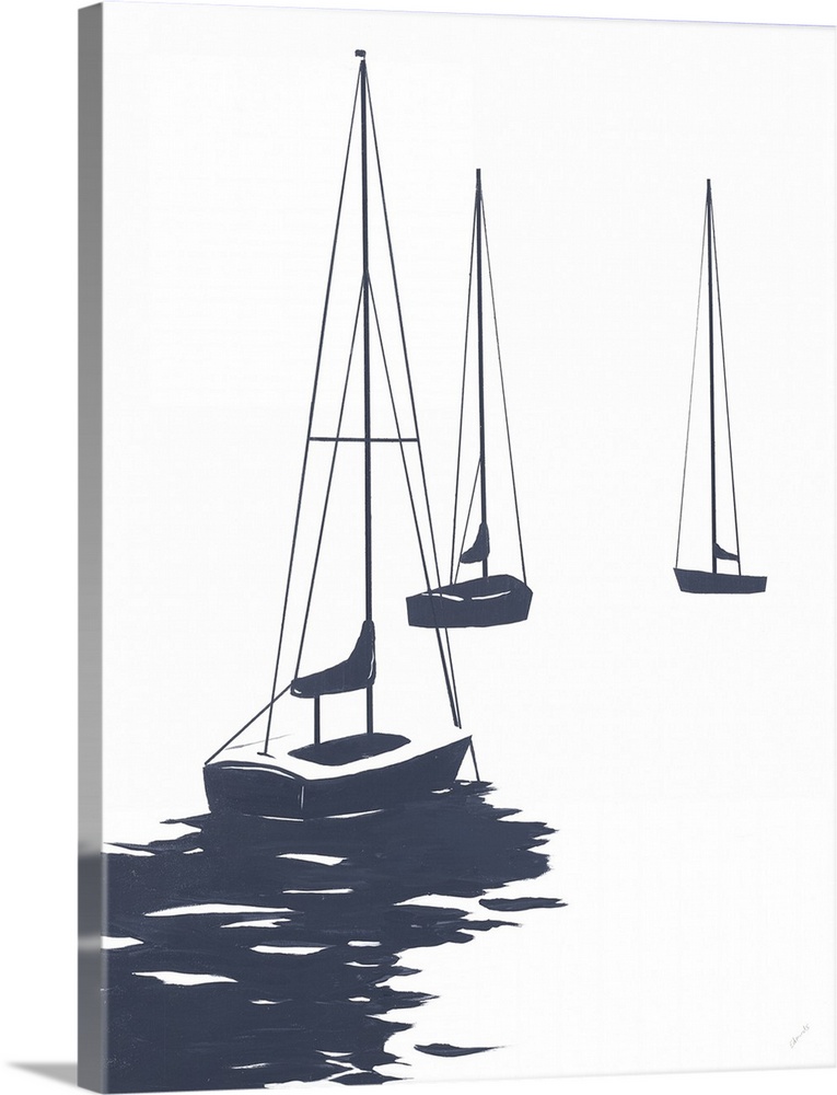 A modest design in white and dark blue of a few sailboats floating in the water.