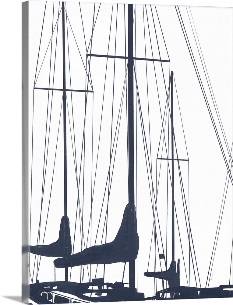 A subdued design in white and dark blue of the masts of a couple of sailboats floating in the water.