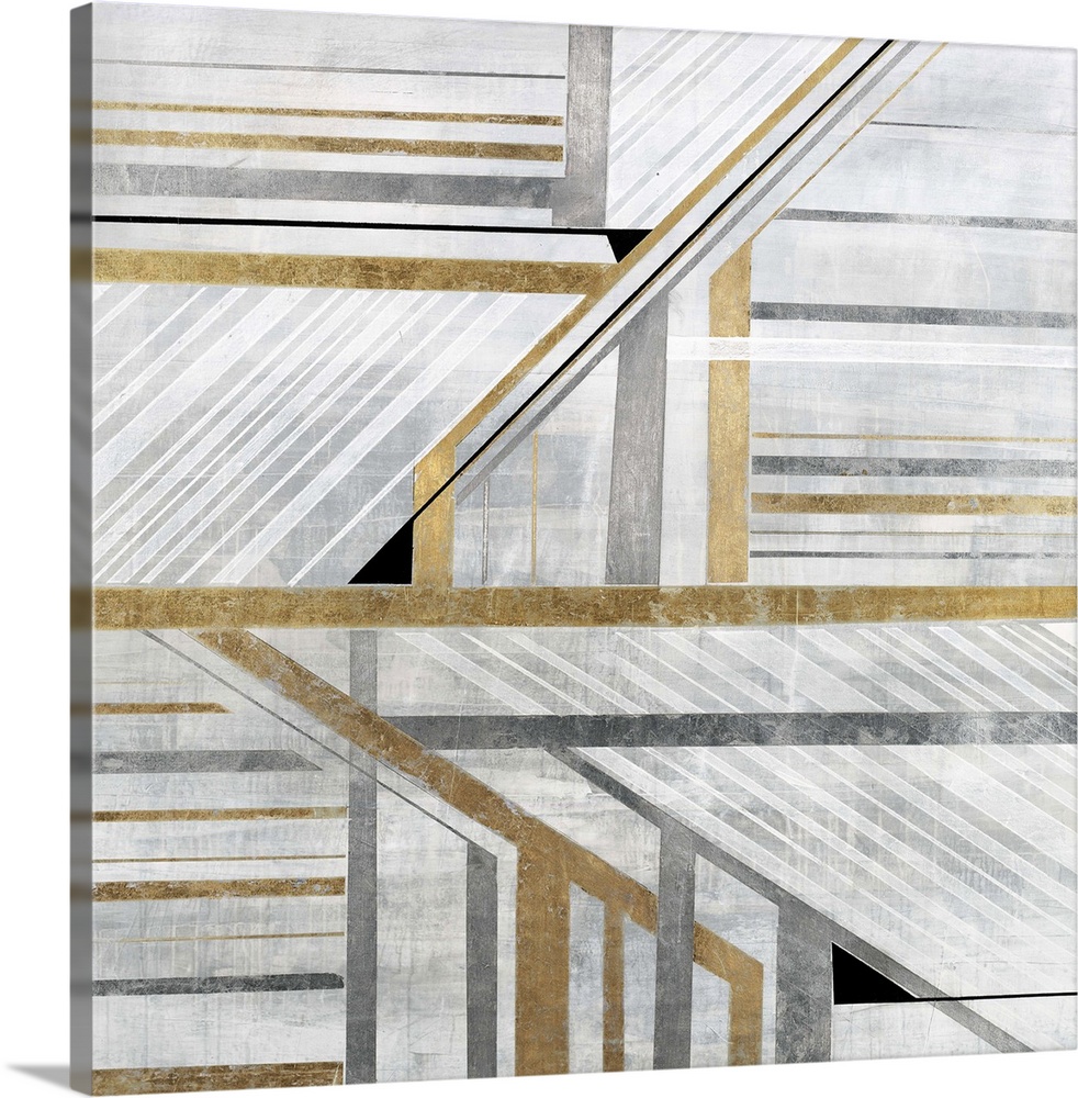 Geometric abstract art with silver, white, and gold lines and angles coming together to create movement around the canvas.