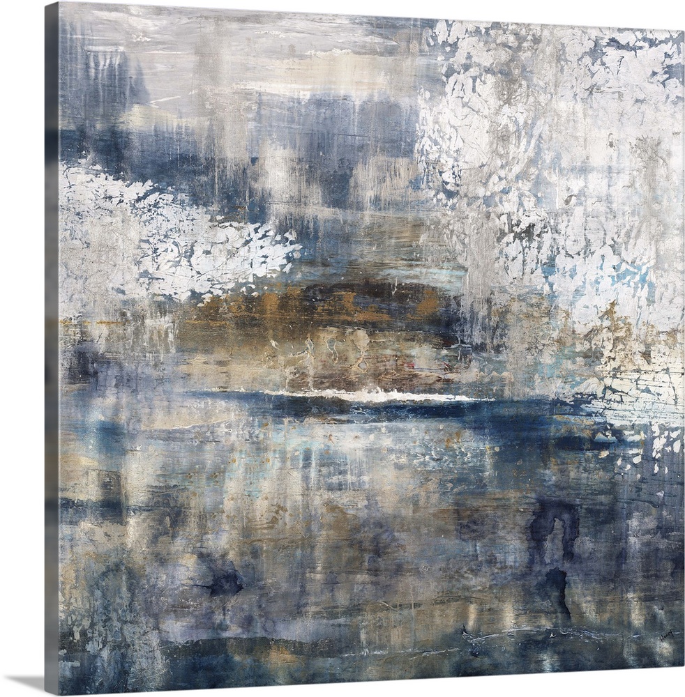 Contemporary abstract painting in cool tones of blue and brown, with white streaks.