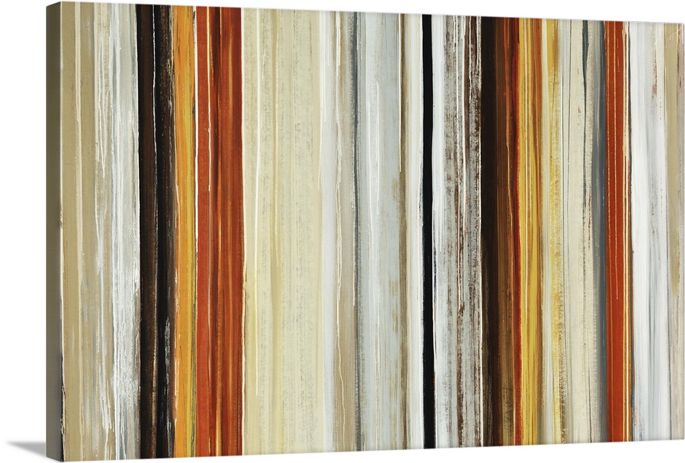 An abstract piece that is horizontal with neutral colored stripes running vertically across the print.