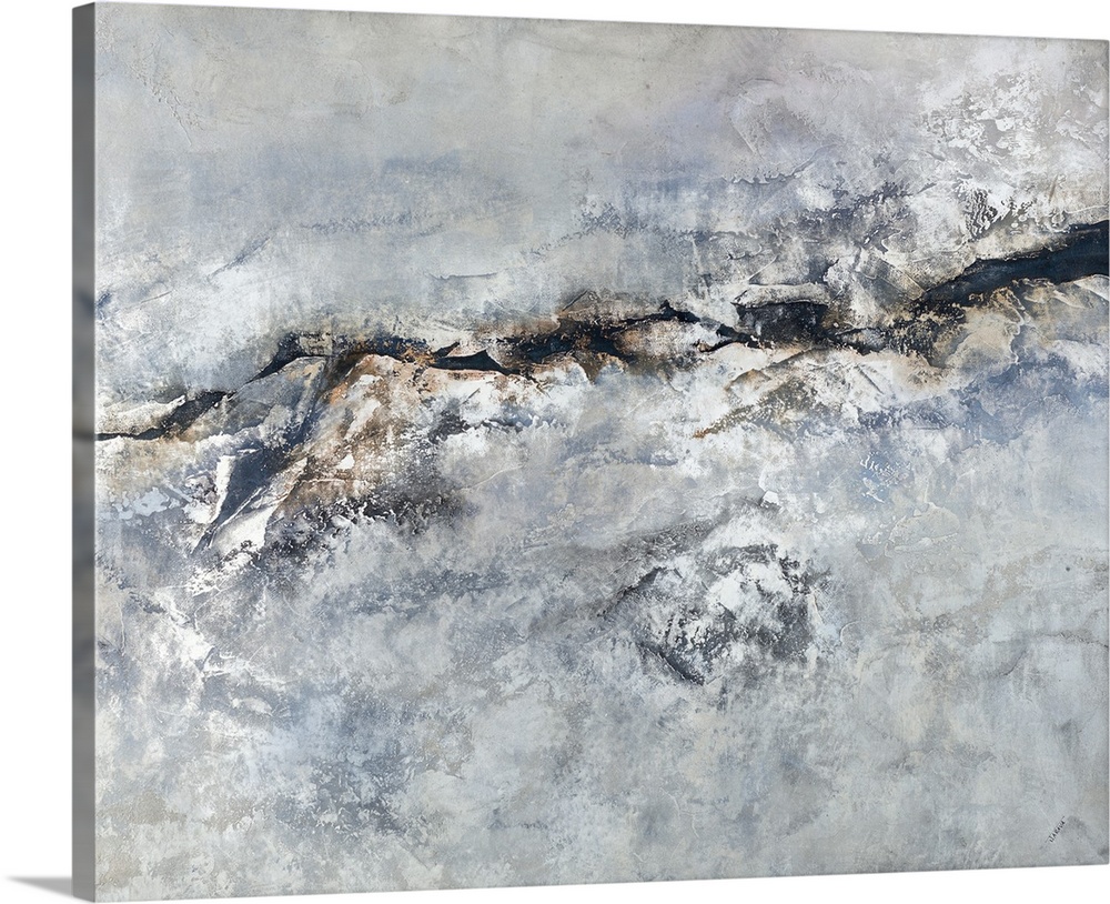 Contemporary abstract painting with shades of gray, silver, blue, and brown creating texture.