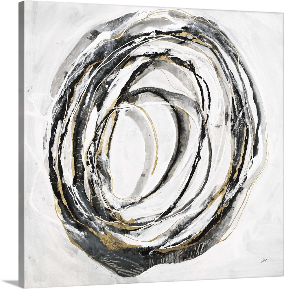 Square abstract art with thin black, gray, and gold lines making one big circle in the center of the canvas.