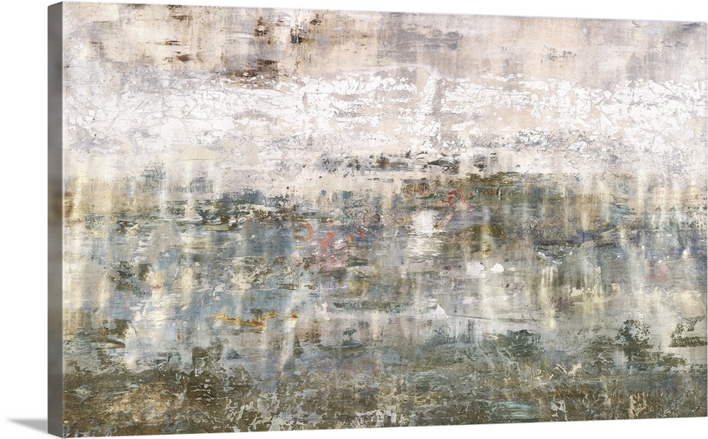 Large contemporary abstract painting created with neutral hues and a rough looking finish to create texture.