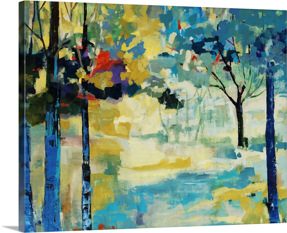 Contemporary painting of a vibrant path surrounded on either side by a forest of colorful trees and greenery.