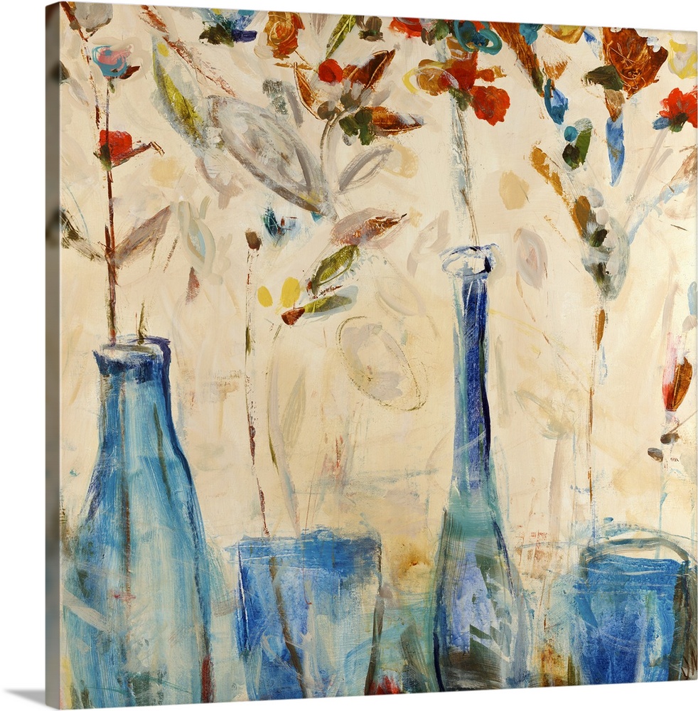 Blue vases line the bottom of the artwork as tall colorful flowers sprout from them.