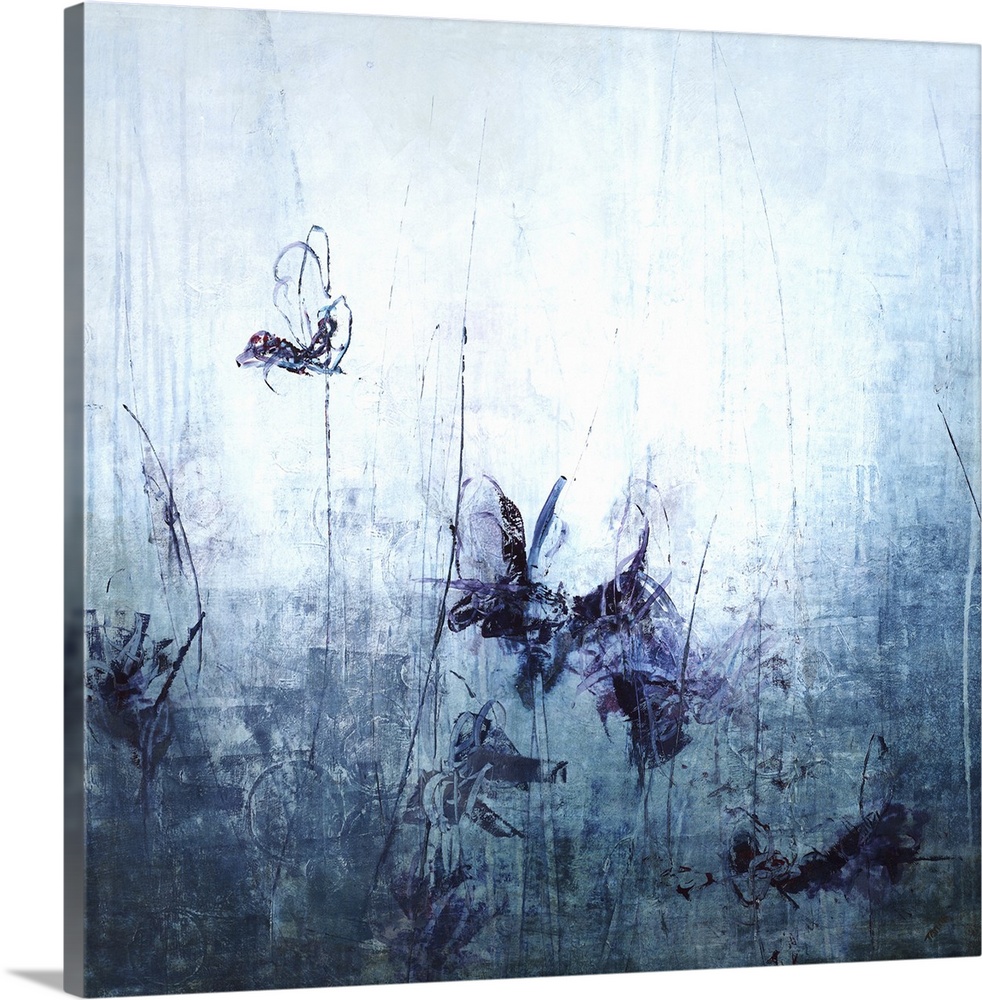 Square abstract art in shades of blue with dark purple floral looking designs.