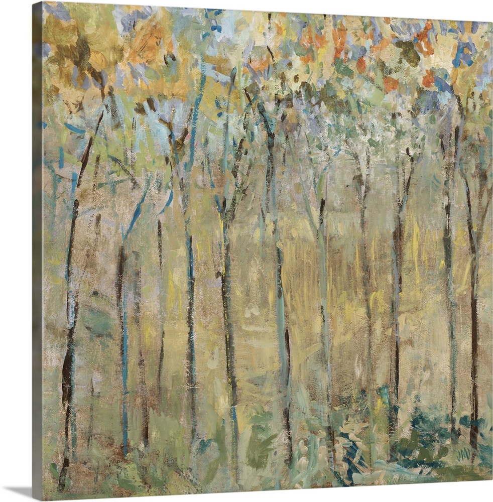 Contemporary artwork of a forest of thin trees with colorful leaves.