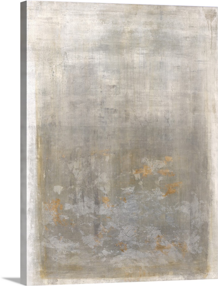 Soft abstract painting with a white boarder and a faint silver rectangle in the center with gold markings.