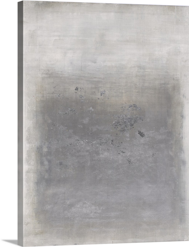 Soft abstract painting with a white boarder and a faint silver rectangle in the center with shinier silver blotches on top.