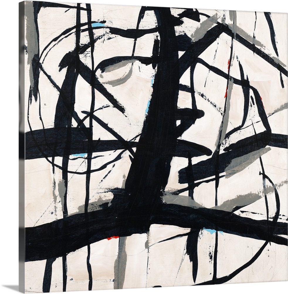 Contemporary abstract painting using bold black lines against a neutral toned background.
