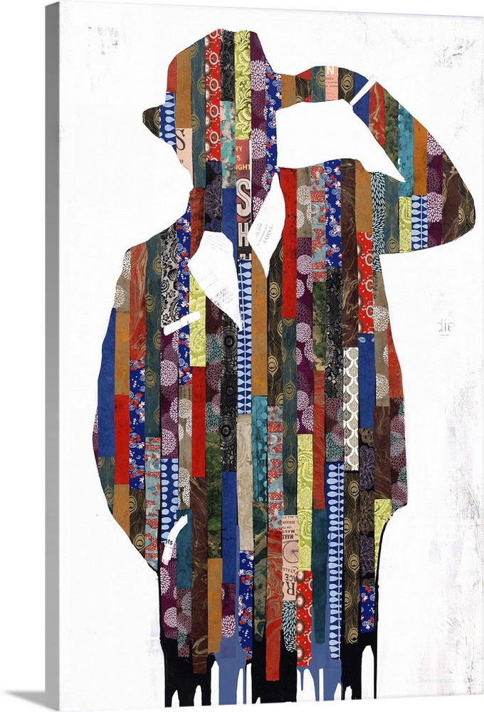 Contemporary painting of a man in a suit made of collage elements.