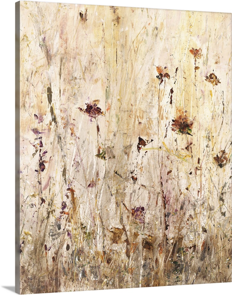 Contemporary abstract painting of flowers and tall grass in earthy tones.