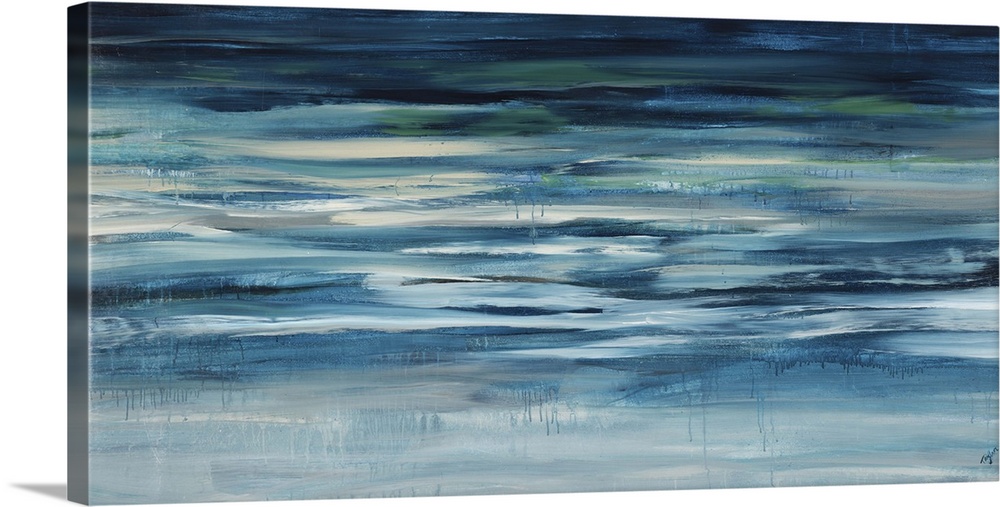 Contemporary abstract painting of teal and light blue colored waterscape.