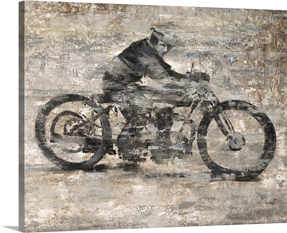 Contemporary painting of a man on a vintage motorcycle.