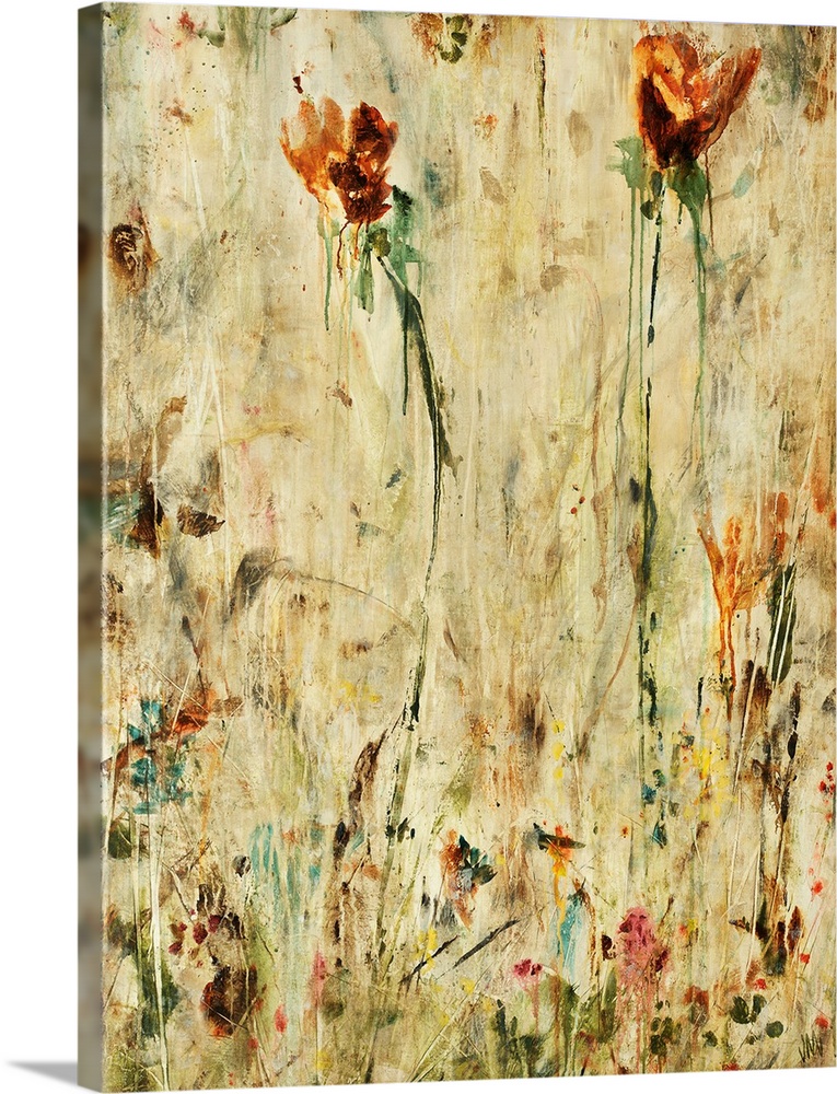 Contemporary abstract painting of colorful flowers with grungy and dirty background.