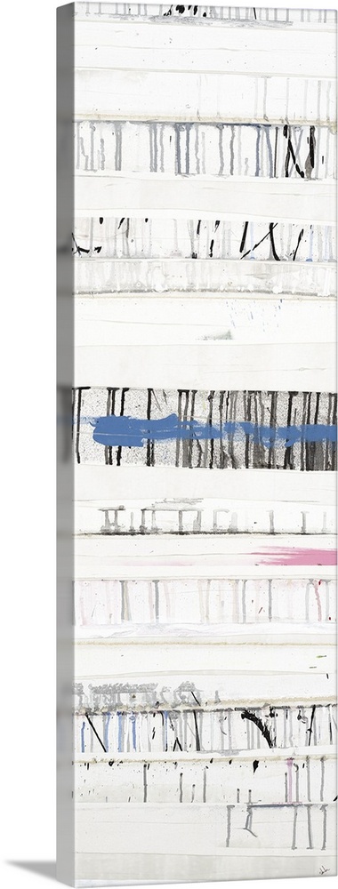 A long vertical painting of horizontal lines with dripped paint textures and subtle colors.