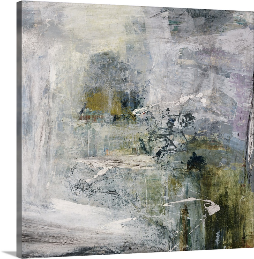 Contemporary abstract painting of a variety of gray tones with hints of muted green in a distressed fashion.