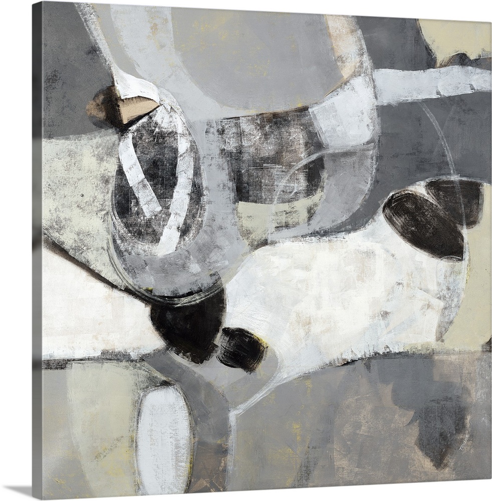 Square abstract painting with gray, white, and beige rounded out sections and black accents.