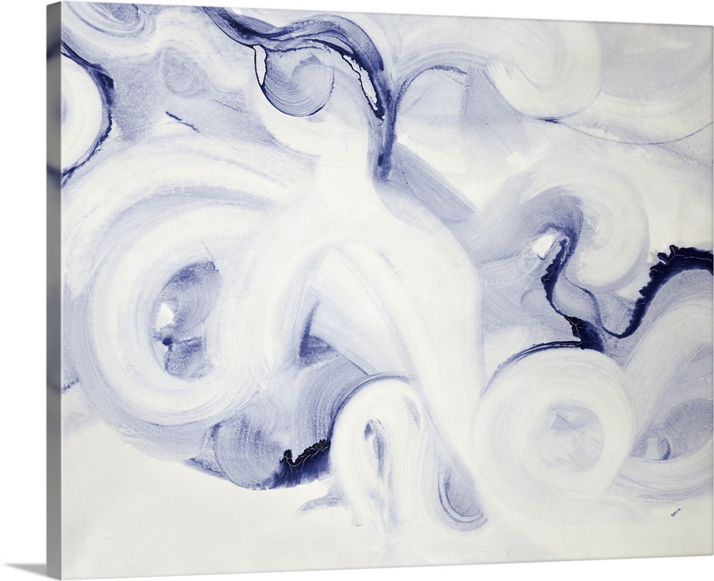 Whirled colors of white and purple, this painting gives the impression of a blowing wind or smoke.