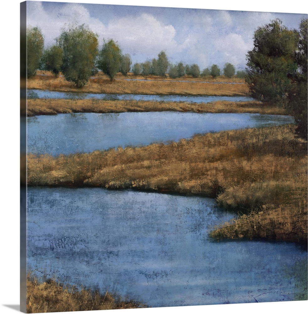 Contemporary painting of an idyllic countryside landscape, with a winding river.