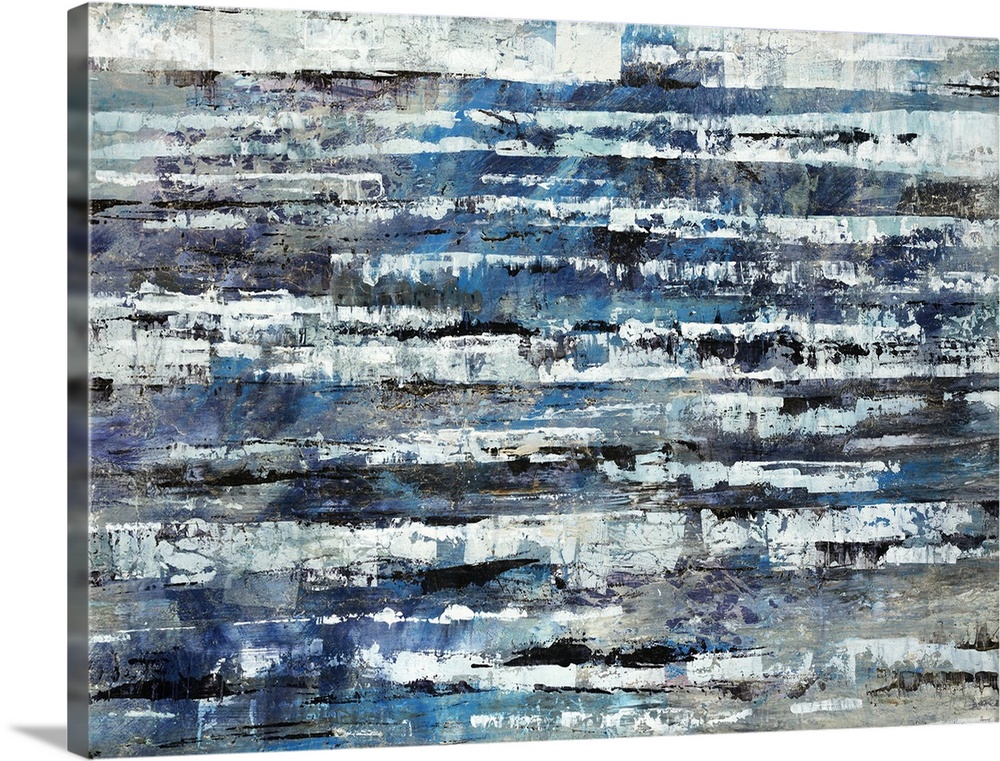 Oversized, horizontal abstract wall hanging in cool tones of harsh, patchy horizontal lines of various sizes.