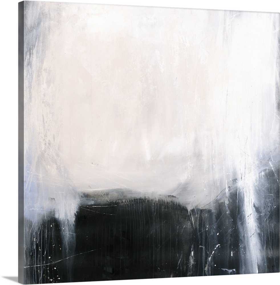 Square abstract painting with a dark black and gray background and a big white spot at the top with light purple underneath.