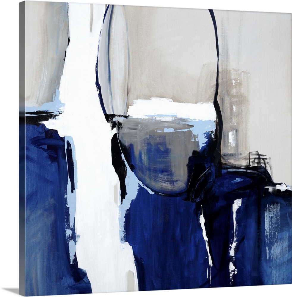 Contemporary abstract painting using dark blue, white and gray tones.