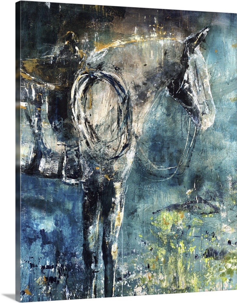 Contemporary painting of a profile of a horse wearing a saddle and reins.