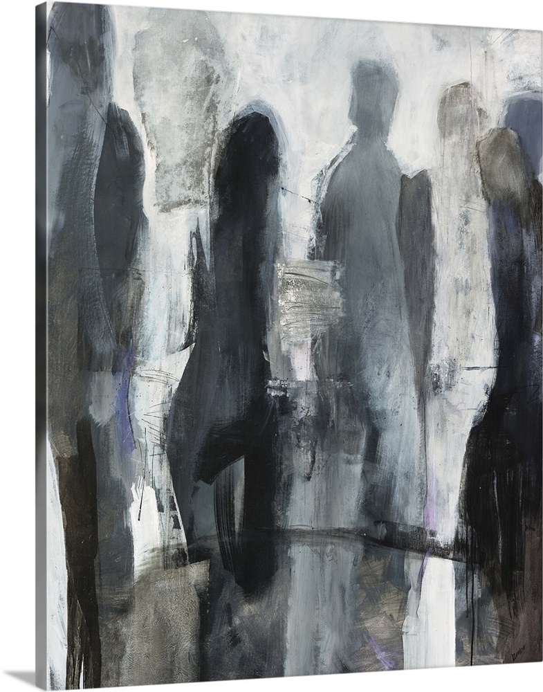 Abstract painting of a group of standing human silhouettes in various shades of grey, on a bright, roughly painted backgro...