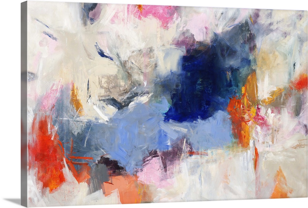 Large abstract painting with vibrant colors in clusters on top of a white, gray, and beige background.