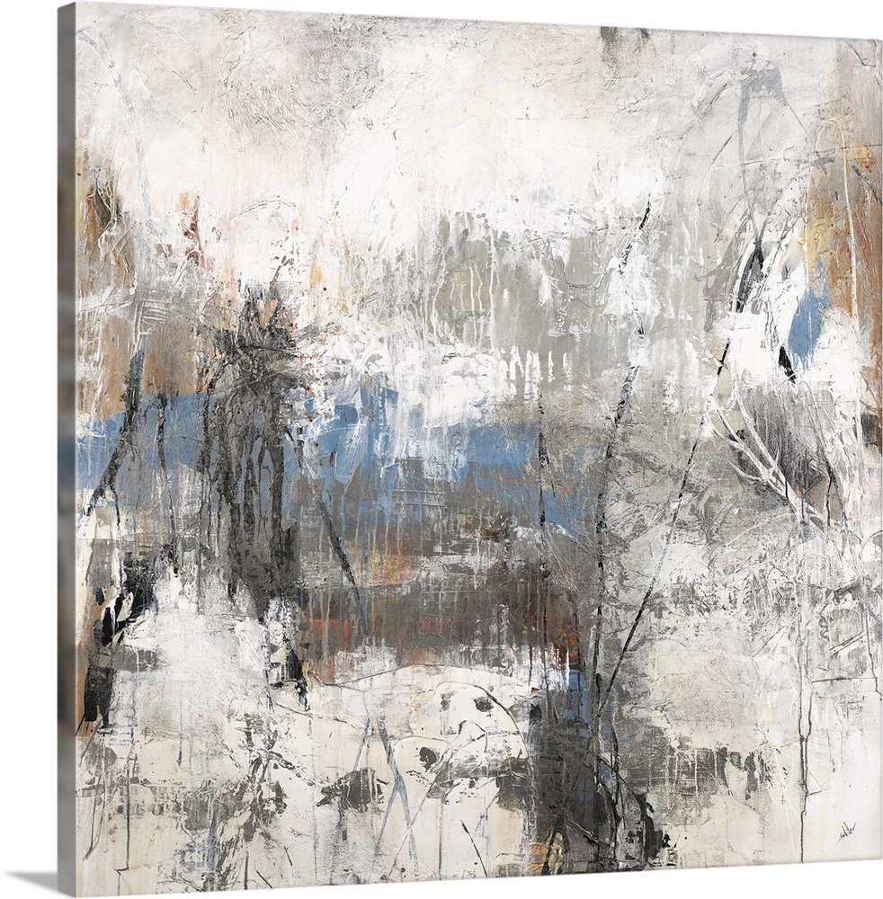 Square abstract art with blue, brown, and black hues surrounded by neutral grays and whites.
