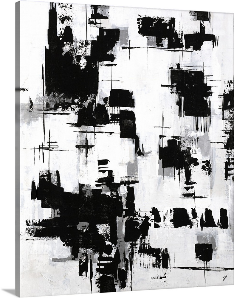 Black and white abstract painting with grey shadows.