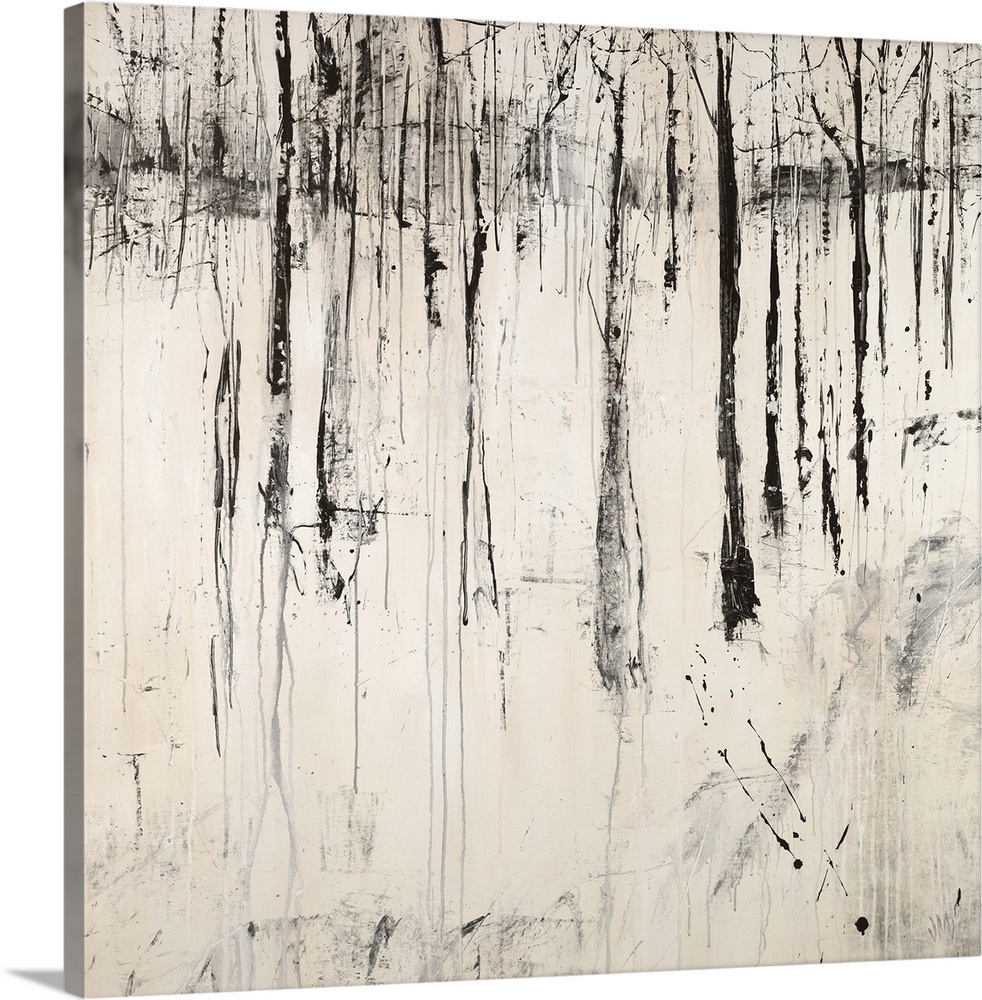 Abstract painting of a dense forest of thin trees with no leaves and a foreground covered in a thick blanket of snow.