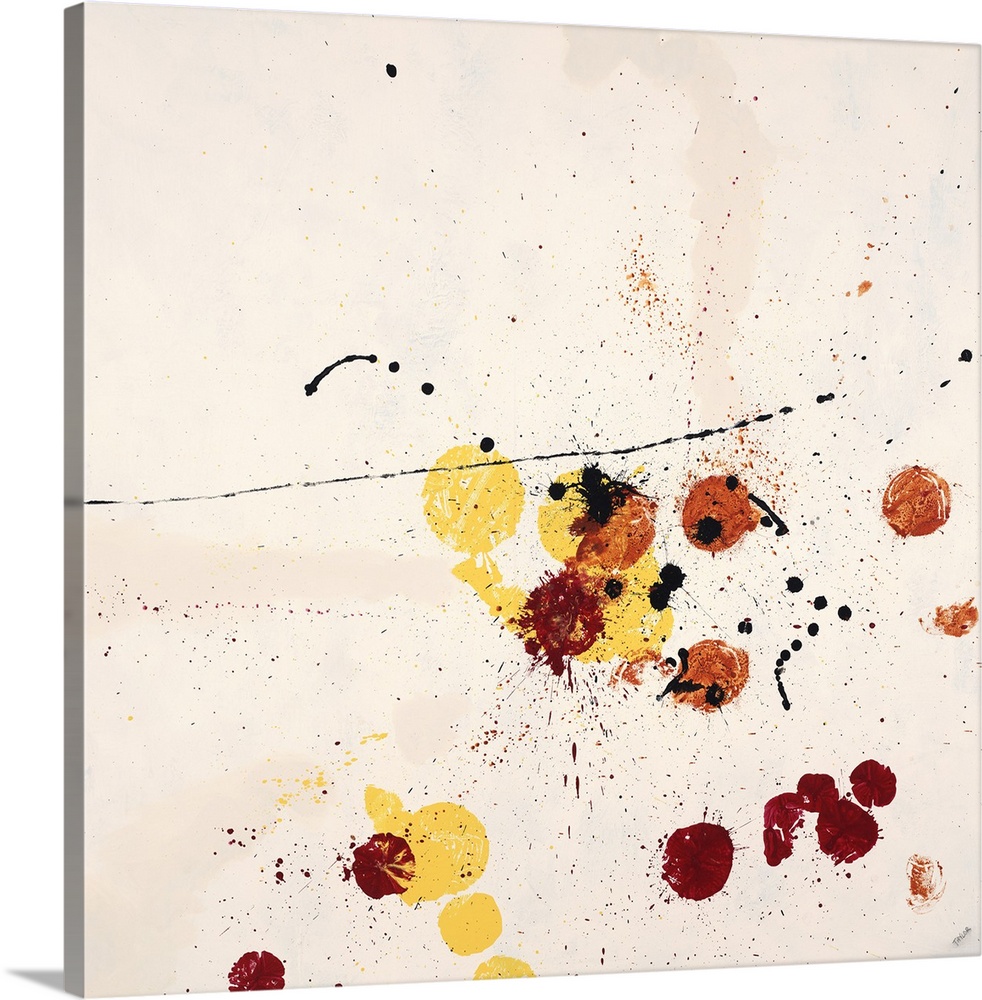Abstract painting using red and yellow paint splatters on a neutral toned background.