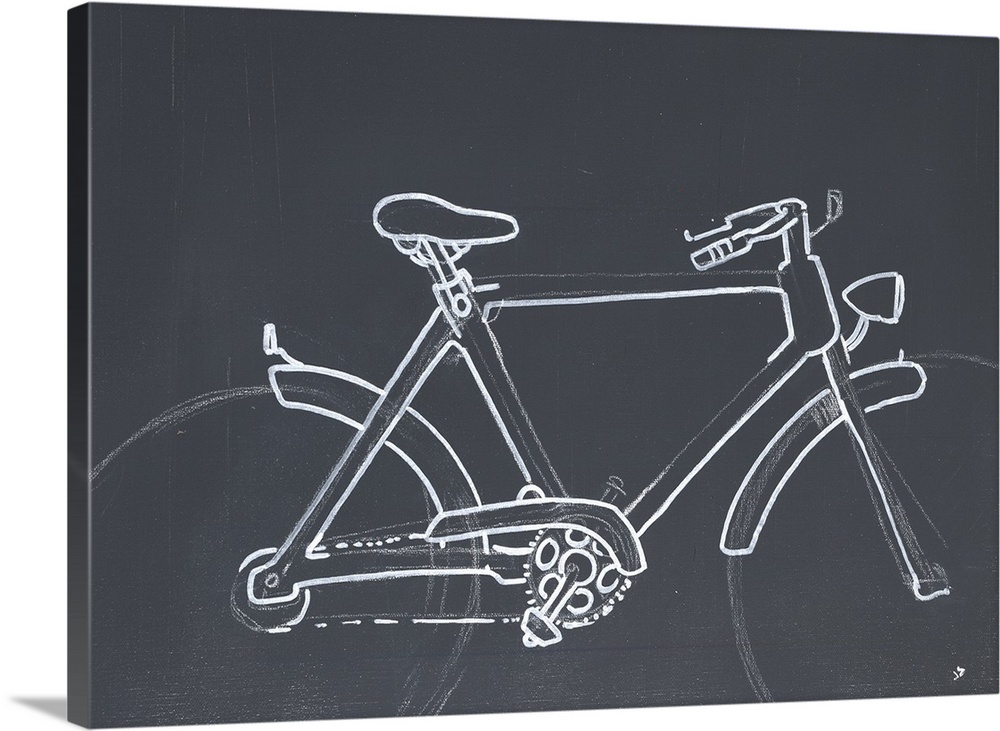 A subdued painting of a bicycle outlined in white against a gray backdrop.