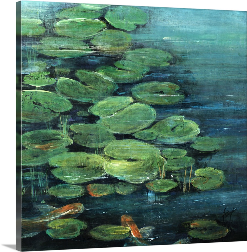 Contemporary artwork of a pond covered with lily pads and two orange koi fish swimming underneath.