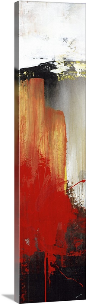 Large vertical abstract painting with bold strokes of paint in orange, red and black.