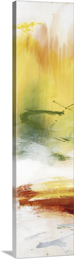 Large vertical abstract painting with bold strokes of paint in white, yellow and orange.