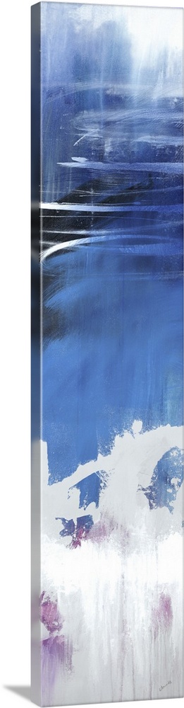 Large vertical abstract painting with bold strokes of paint in white, blue and purple.