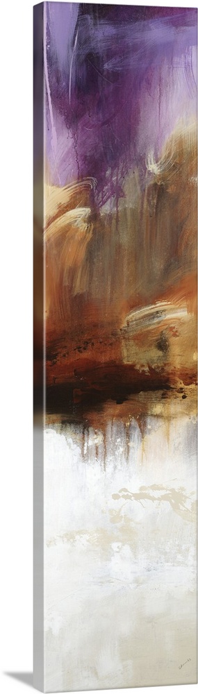Large vertical abstract painting with bold strokes of paint in white, brown and purple.