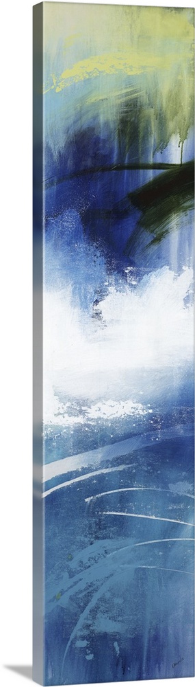Large vertical abstract painting with bold strokes of paint in white, blue and green.