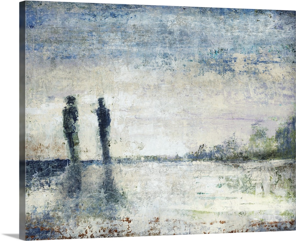 Contemporary painting of two human figures standing next to each other on the horizon, beneath a deep blue sky at sunset.