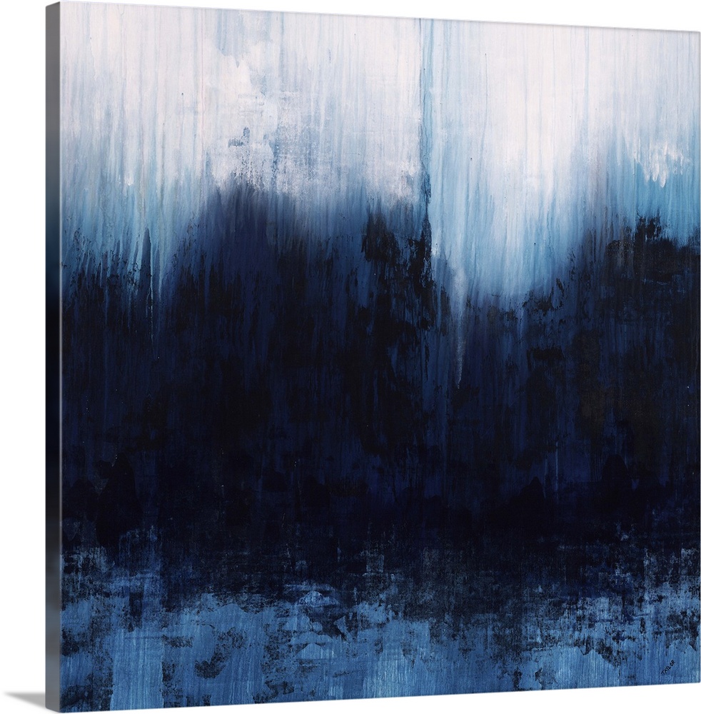 Contemporary abstract painting using dark blue and gray tones in a vertically blurred motion.