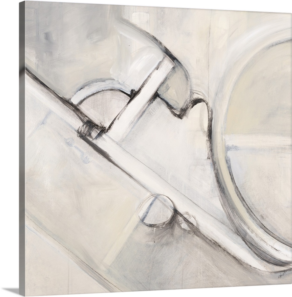 Contemporary abstract painting using gray tones and bold lines to create geometric shapes.